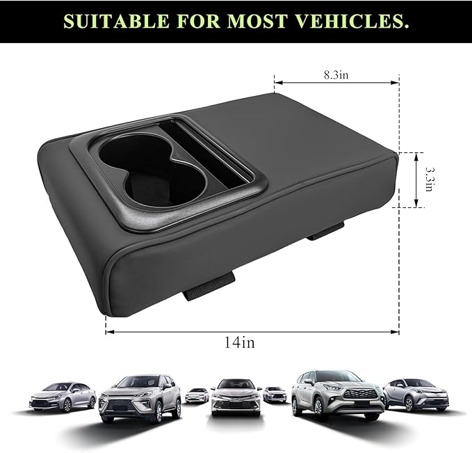 Car Center Console Armrest Pillow, Leather Auto Arm Rest Cover Protector with Cup Holder and Phone Holder, Memory Foam Armrest Cushion for Most Vehicles (Black, Glossy)