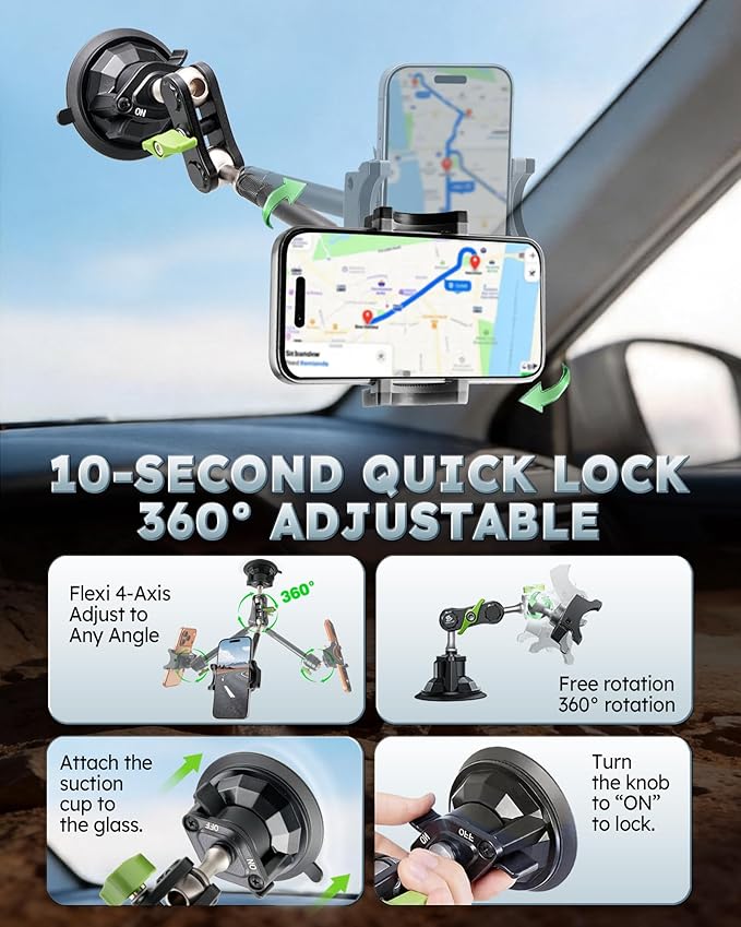 Heavy Duty Truck Phone Mount, Aluminum 360° Rotating Anti-shake Suction Cup Phone Mount, 14.5" Long Arm Metal Windshield Phone Holder for Car Truck Semi, Fits Thick Cases F-150 Silverado RAM Kenworth
