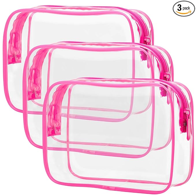 PACKISM TSA Approved Toiletry Bag 3 Medium - Quart Size Clear Makeup Bag for Carry On, Airport Security Compliant Clear Travel bag for Toiletries with Reinforced Seams, Bright Rose Red