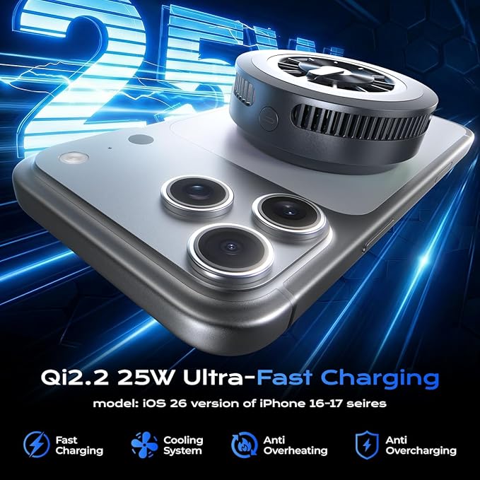 Qi2.2 Magnetic Car Mount Charger【25W Fast Charging+Ice-Cooling】 360° Rotating Fast Wireless Charger Stand with Cooling Fan/LED Light,Vacuum Magnetic Phone Holder Compatible with iPhone 12-17, S26/S25