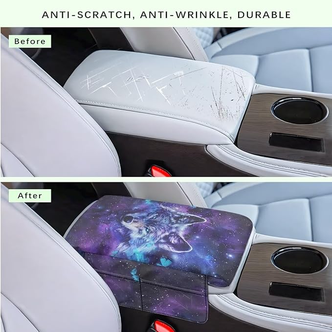 Wanyint Galaxy Wolf Butterfly Car Center Console Armrest Cover Soft Armrest Cover Lid Non-Slip Middle Console Cover with Side Storage Pocket for Car Seat Organizer Universal Fit