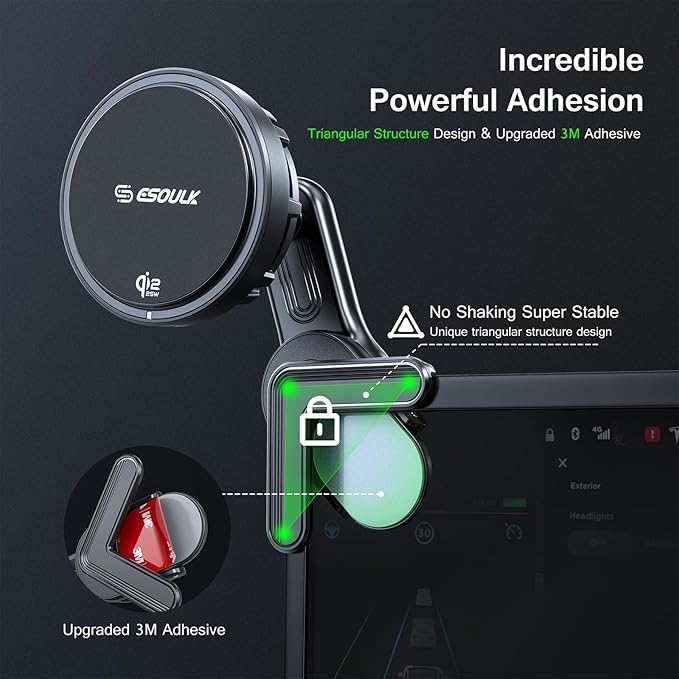 Esoulk [2026 Upgraded] Qi2 25W Fast Wireless Car Charger for Tesla Model 3/Y, Magnetic Phone Mount with Active Cooling Fan, Dashboard Screen Mount for iPhone & Android