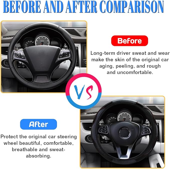 15 inch Car Steering Wheel Cover, Carbon Fiber Microfiber PU Leather Elastic Steering Wheel Protector for Men Women, Anti-Slip Breathable Car Interior Accessories (Black)
