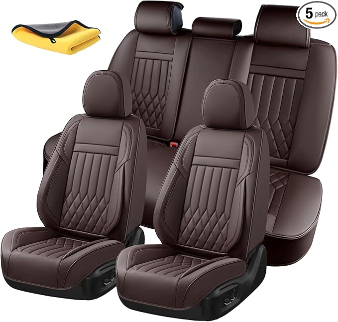 KEYOOG Premium Nappa Leather Car Seat Covers Full Set, Universal Fit for Most Sedans, SUVs - Waterproof & Breathable, Compatible with Honda Civic, Toyota Corolla, Jeep Cherokee/ 5-Seater, Luxury Brown