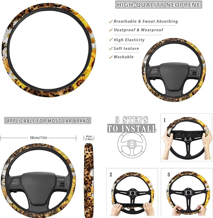 FKELYI Horse Car Seat Covers - Sunflower Leopard and Steering Wheel with Gear Shifter, Cup Coasters