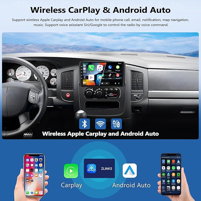 2G+64G Car Radio Stereo for Dodge RAM 1500 2500 3500 Radio 2002 2003 2004 2005 with Wireless CarPlay Android Auto 9" Touch Screen Head Unit with HD Backup Camera Android 13 Radio GPS WiFi Mirror Link