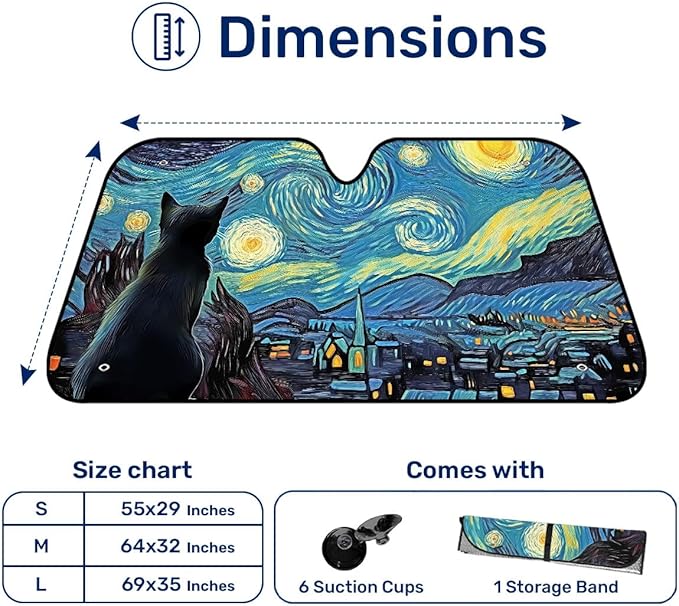 GENANY Cat Starry Night Windshield Sun Shade for Car SUV Truck (64x32 Inches), Art Sun Shade Windshield, Shades for Windows, Protector Blocks UV, Car Decor