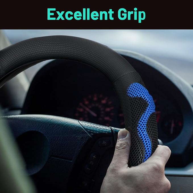 15 Inch Truck Steering Wheel Cover Leather Wheel Semi-Truck Comfy Grip Cover Anti Slip Car Accessory, Fits Rv, Big Rig and Classic Car (Blue, Classic Style)
