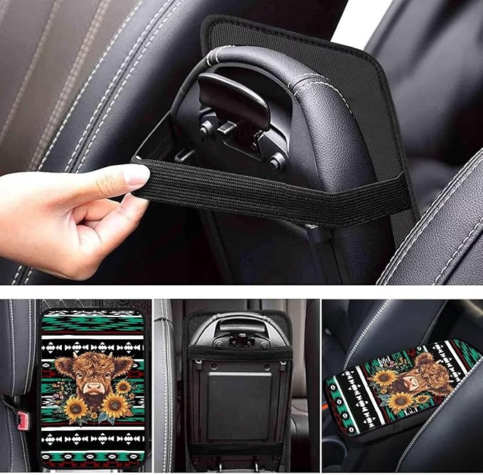 UNICEU Aztec Sunflower Highland Cow Print Car Center Console Armrest Cushion Cover Soft Auto Interior Decor Armrest Box Protector Covers Pad