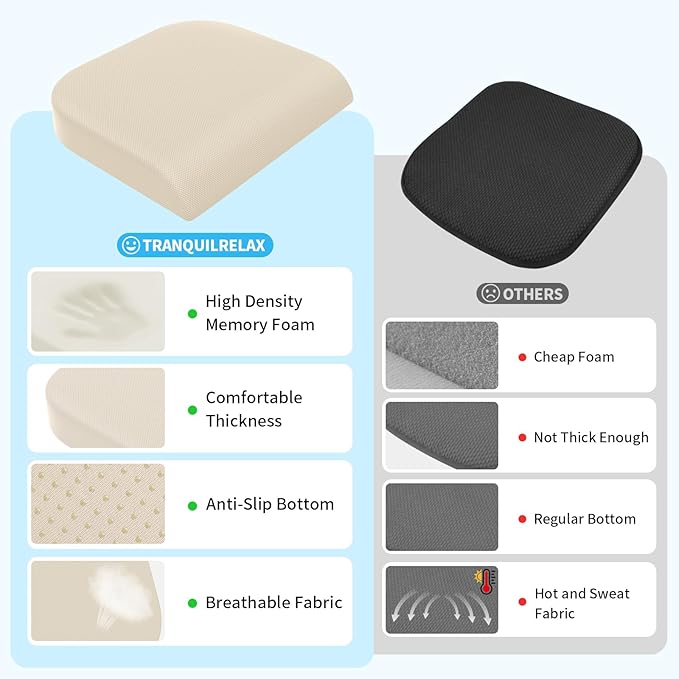 Large Seat Cushion, Memory Foam Cushion for Long Sitting Hours on Office Chair, Home & Car, Non-Slip Chair Pad for Relieving Back & Sciatica & Hip & Coccyx Pain (Khaki)