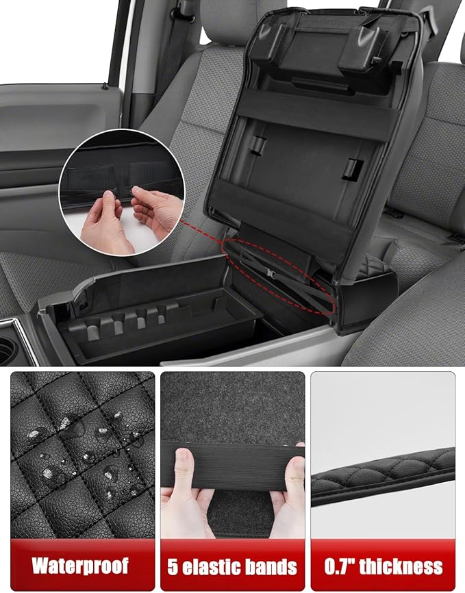 KBH Center Console Armrest Cover for Ford F250 F350 F450 F550 2017-2022, F150 2015-2020, Expedition 2018-2024, Bucket Seat, PU Leather Cushion Pad, Black (Armrest & Cup Holder Cover Set)