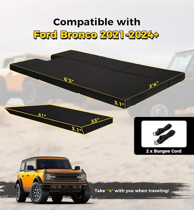 Xprite Upgraded Bronco Mattress Kit - 3" Thick Premium Foam Bed Pad & Leveling Pad, Foldable Portable Trunk Sleeping Platform Compatible with 2021-2026 Ford Bronco 4-Door Camping & Overlanding