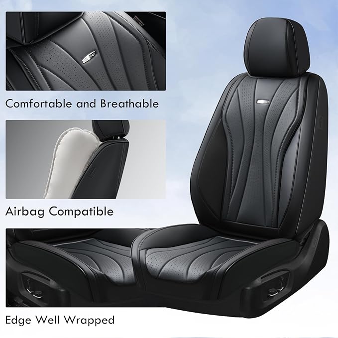 Coverado Car Seat Covers, 5 Seats Black Seat Covers for Car, Luxury Faux Leather Seat Cover, Front and Back Seat Cover, Waterproof Car Seat Protector, Universal Car Seat Cushions Fit for Most Vehicles