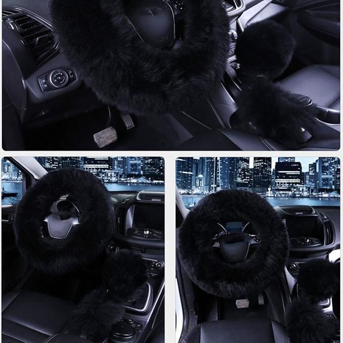 1 Set 3 Pcs Car Steering Wheel Cover & Handbrake Cover & Gear Shift Cover Set Faux Wool Warm Winter (Black-3pcs)