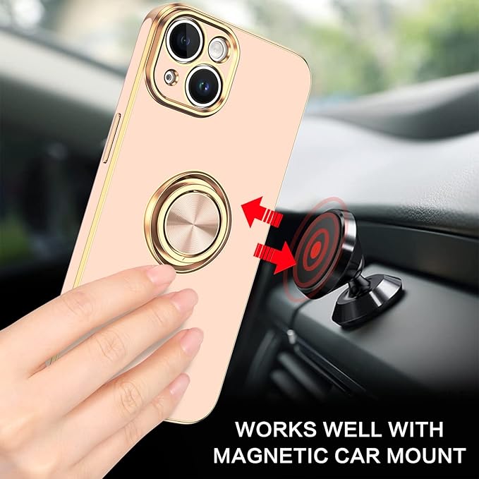 VENINGO Compatible with iPhone 14 Case, Slim Fit Soft 360° Ring Holder Kickstand Magnetic Car Mount Supported Easy Clean Shockproof Protective Phone Cover for iPhone 14 6.1" 2022, Pink/Golden