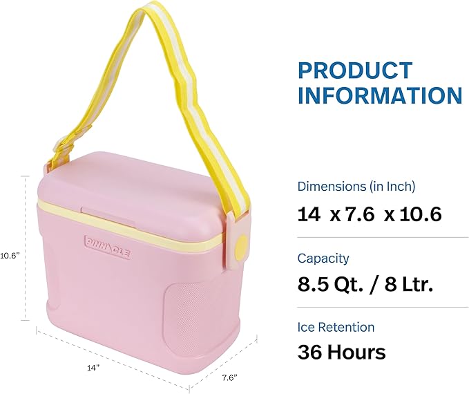 Pinnacle 8.5Qt Mini Cooler – 14 x 7.6 x 10.6In Ice Box with Smart Divider, Locking Lid, Adjustable Shoulder Strap – Insulated Picnic Basket Beach Cooler Bag – 36- Hour Ice Retention – Stylish Colors