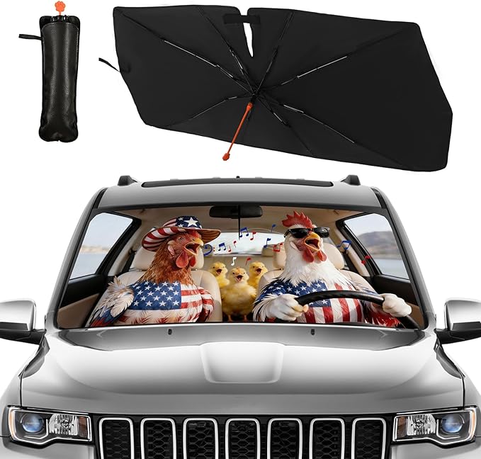 American Flag Chicken Car Windshield Sunshade Umbrella Funny Rooster Singing Sun Shade for Car Windshield Umbrella Upgraded Sunshades Blocks UV & Heat Front Window Shades for SUV Sedan Auto