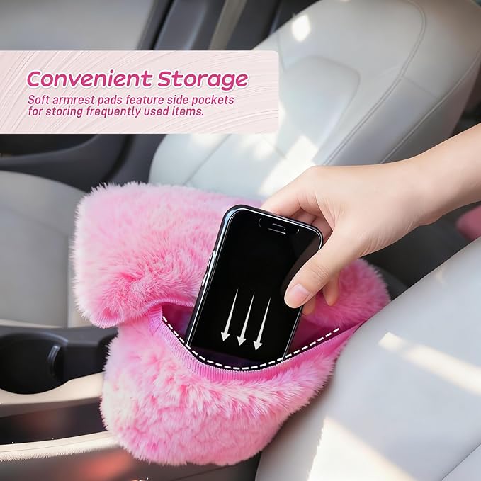 Fluffy Car Armrest Cover with Side Pockets – Plush Fuzzy Fur Center Console Armrest Cushion Pad, Universal Winter Car Interior Protector, Soft Arm Rest Cover with Storage for Women & Men (PINK)