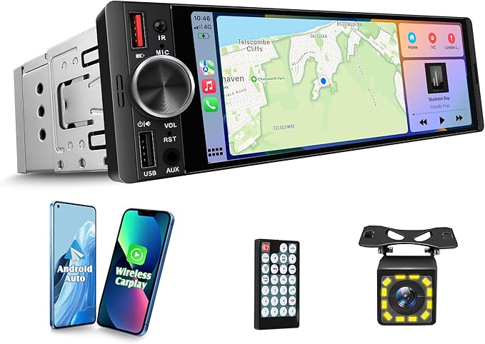 [in‑Cell Touchscreen] 6.36" Single Din Car Stereo with Wireless/Wired CarPlay & Android Auto, 240W DSP Powerful Sound with EQ, MirrorLink, Bluetooth Hands‑Free, 12‑LED Backup Camera, AM/FM Radio