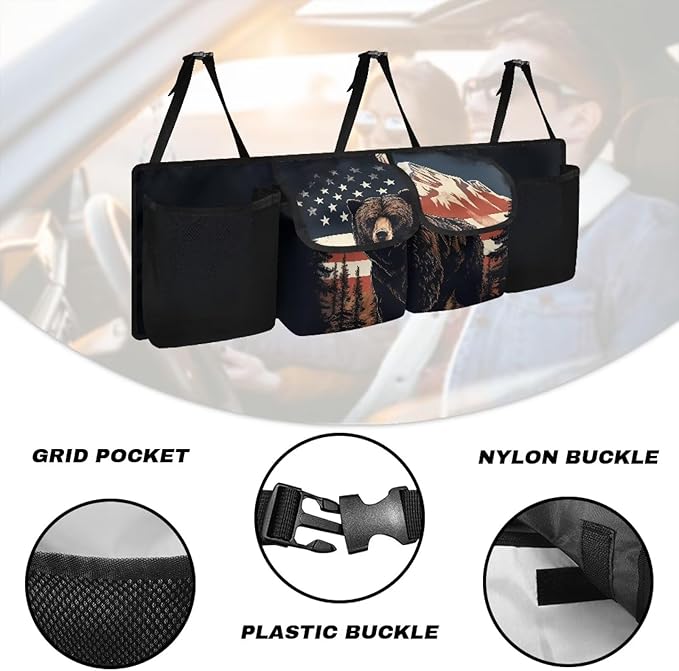 American Flag Bear Hanging Trunk Organizer, Foldable Back Seat Trunk Organizer with 4 Large Compartments, Universal for Vehicles