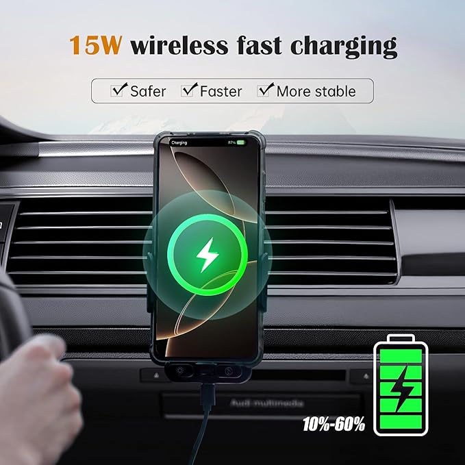 Car Mount Wireless Charger 15W Fast Charging Compatible with iPhone, Find My Supported MFi Certified Anti-Lost Air Vent Holder with Auto-Sensing & 360° Rotation