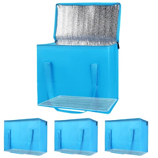 Bodaon 4-Pack Cooler Insulated Food Delivery Bag, X-Large Bags for Grocery/Catering/Shopping, Rideshare Delivery Bag, Thermal Hot Pizza, Large Cold and Frozen, XL Tote, Blue With Bottom