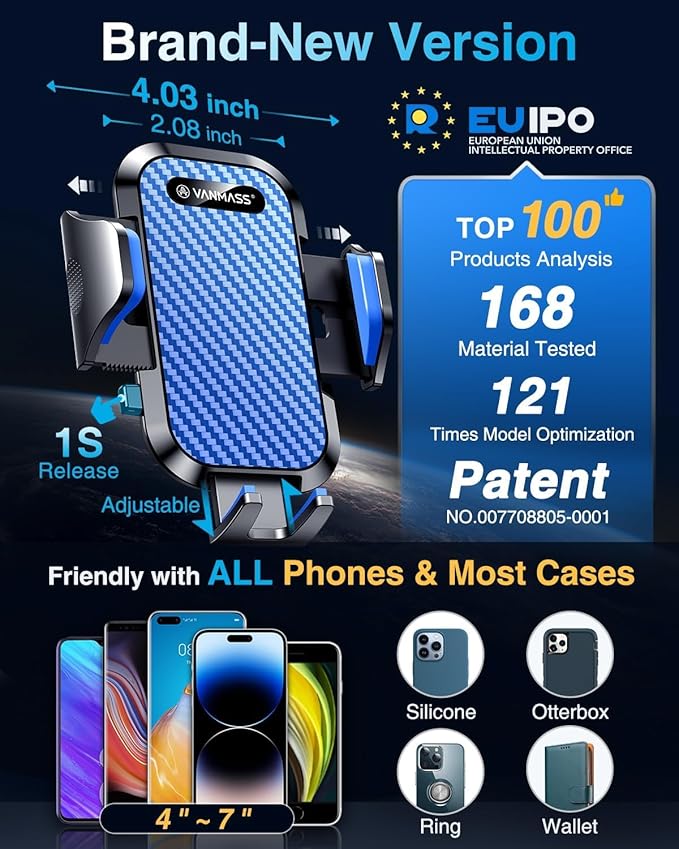 VANMASS Phone Holders for Your Car 2026 Ultimate Phone Mount Military-Grade Windshield Dashboard Vent【Newest Best Strongest】 Cell Phone Car Mount for iPhone 16 Pro Max 15 Samsung Android,Blue
