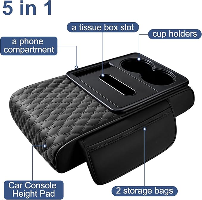 Car Center Console Cover, Upgraded Leather 5 in 1 Arm Rest Cover for Car with Cups Holder Storage Bags Tissue Box, Universal Interior Armrest Cushion for Almost Accessories Vehicles