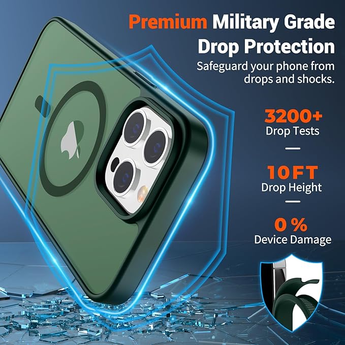 SUPFINE Magnetic for iPhone 13 Pro Case (Compatible with MagSafe) (Military Grade Drop Protection) Translucent Matte Shockproof with Anti-Fingerprint Phone Case,Forest Green