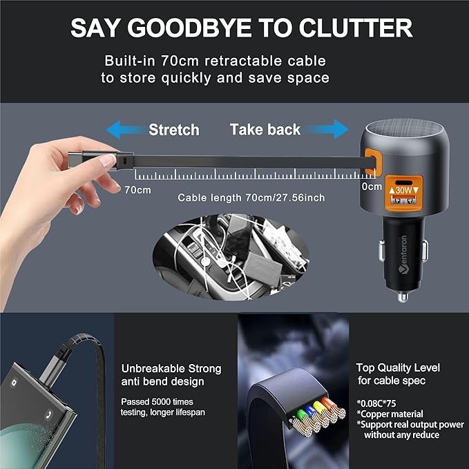 60W Retractable Car Charger, 3-in-1 USB-C Fast Charging Cigarette Lighter Adapter with Built-in Retractable Cable, Compatible with iPhone 16/15 Pro Max, Galaxy S25, iPad – Orange