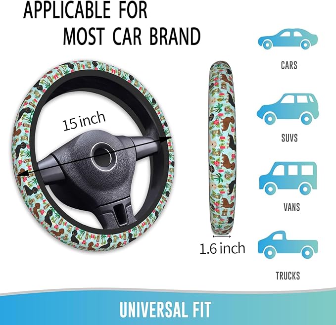 Elastic Steering Wheel Cover Car Accessories Cute Universal 15 Inch Absorbing Sweat Non-Slip Breathable for Man Woman, Cute Dachshund Floral