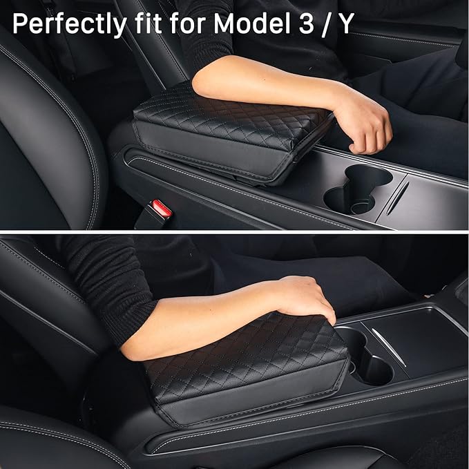 Carwiner Center Console Cover for 2021-2026 Tesla Model 3 Model Y, PU Leather Armrest Box Cushion Protector Accessories