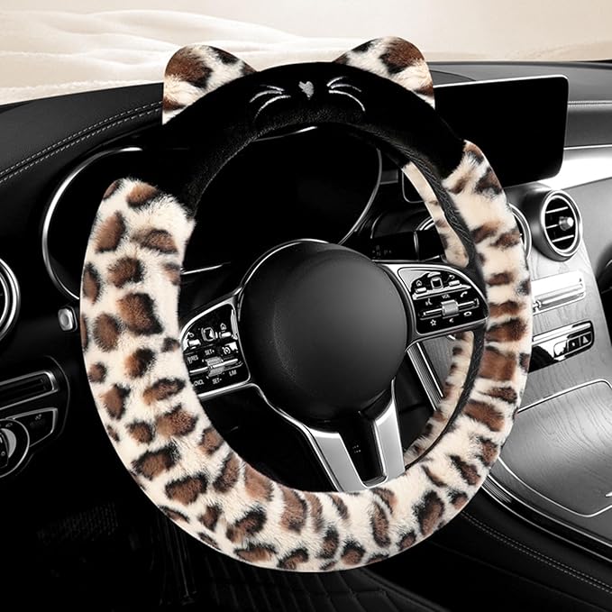 Dotesy 3D Ear Furry Cheetah Car Steering Wheel Cover Set Fluffy Faux Wool Steering Wheel Protector Leopard Anti-Slip Soft Warm Car Accessories for Women (White Khaki)