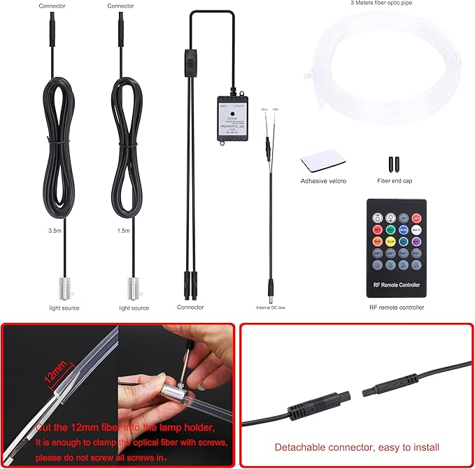 Car Ambient Lighting Optic Fiber 8 Colors Music Sound Active with RF Remote Control Car Decorative Atmosphere Lighting Kit DC 12V 1W 3m