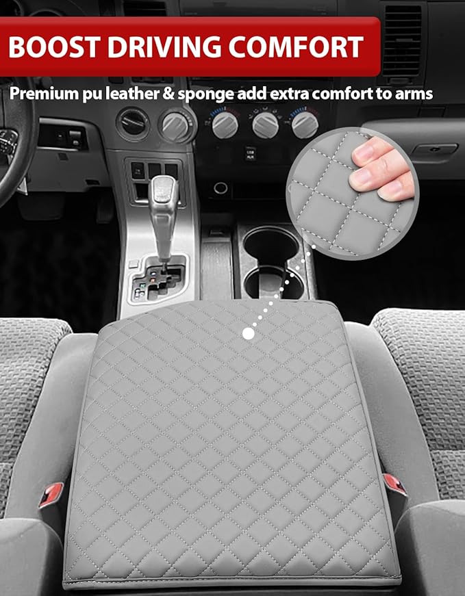 KBH Center Console Armrest Cover for 2007-2013 Toyota Tundra & 2008-2022 Sequoia, Vinyl Leather, Middle Console Lid Protector Arm Rest Cushion Pad, Interior Accessories, Anti-Scratch, Gray