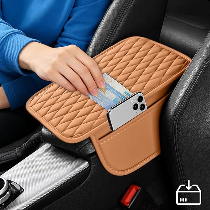 Car Armrest Cushion Pad, Leather Vehicle Center Console Cover with 2 Storage Bags, Non-Slip Automotive Interior Arm Rest Seat Box Cover Accessories, Universal for SUV RV Sedan (Orange)