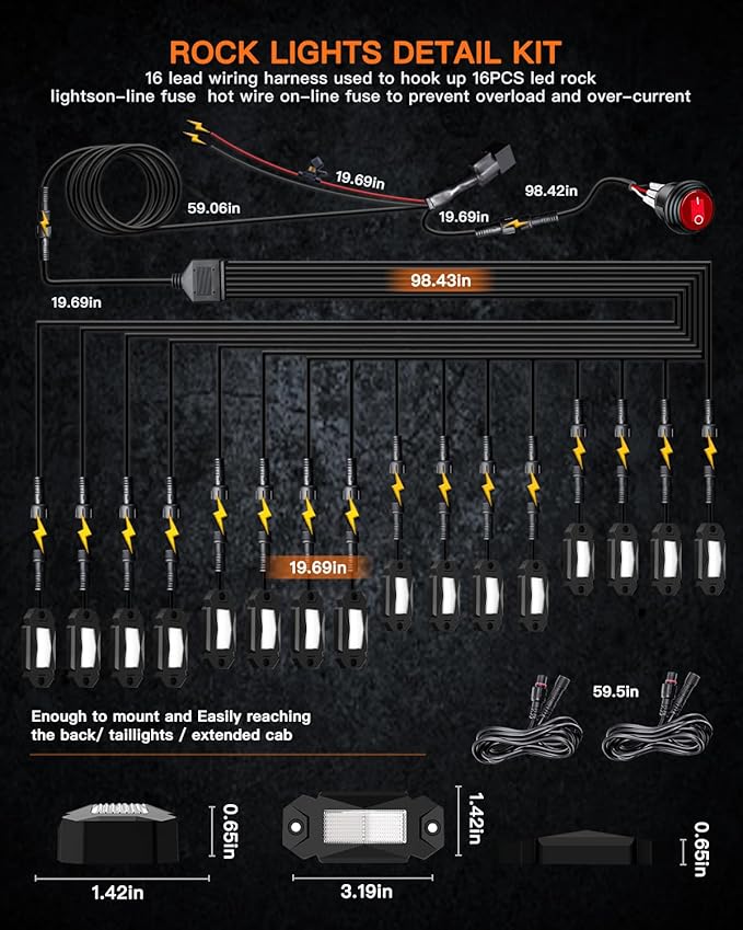 Rock Lights,LEDMIRCY R2 Pure White LED Rock Lights Kit 16PCS with Toggle Switch Wiring Harness Ultra Bright for UTV Trucks ATV Underglow Light Trail Rig Under Body High Power Waterproof