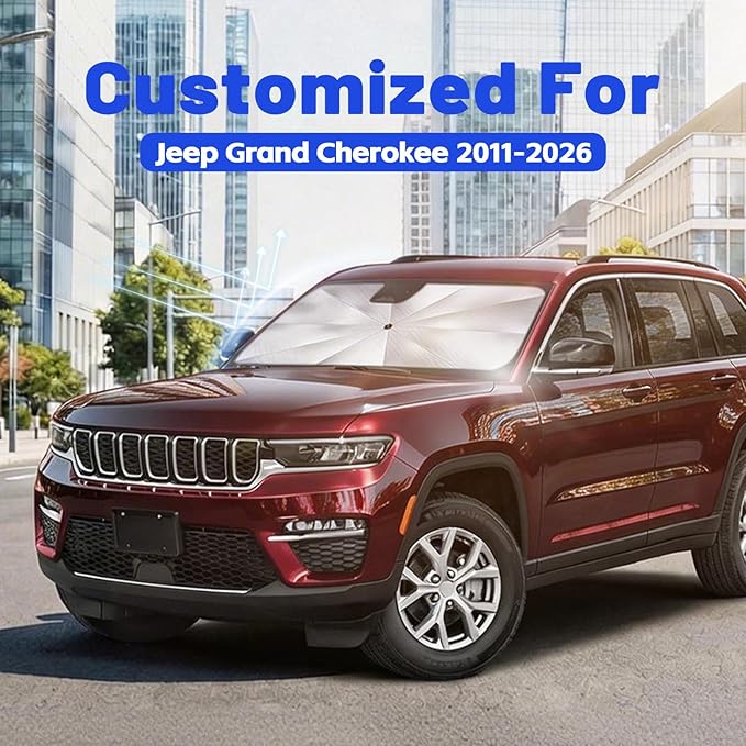 Car Windshield Sun Shade for Jeep Grand Cherokee 2011-2026 –[Reflective Coated Fabric] Sunshade Umbrella for Front Window, Car Shades Sun Visor Keep Car Cool and Protects Interior, 1:1 Exact Fit