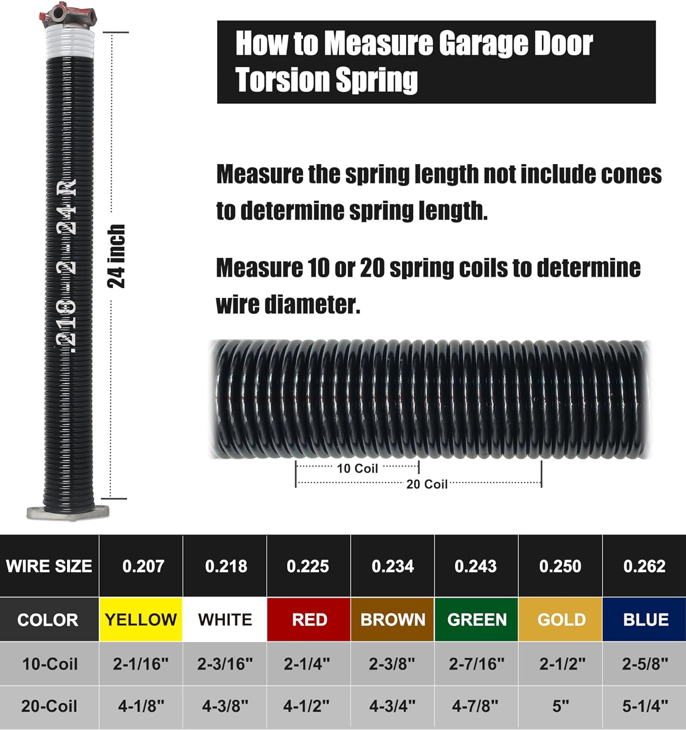 Garage Door Torsion Spring Set, Pair of 2" Electrophoresis Coated Garage Door Spring Replacement with 2 Non-Slip Winding Bars and Bearing, Minimum 16000 Cycles (.218x2x24)