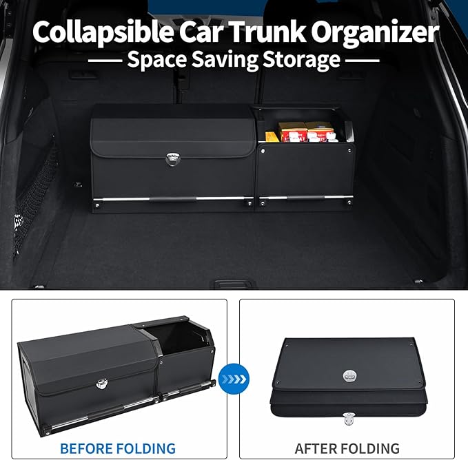 SUV Trunk Organizers and Storage, Leather Car Trunk Storage Organizer with Lid & Push-pull Handle, Combination of SUV Cargo Organizer, Waterproof Car Storage Box for Sedan Van Minivans