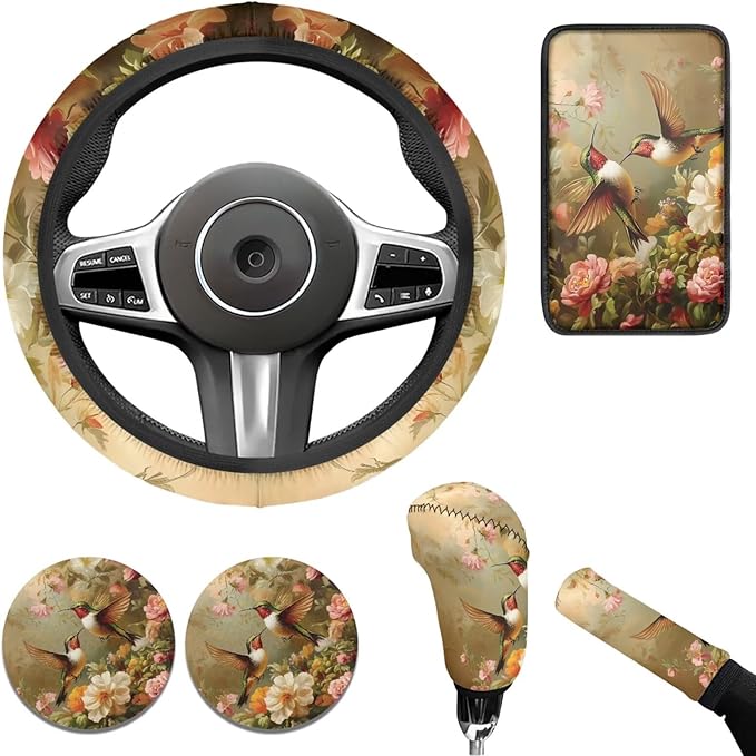 Magpies Birds Picture Steering Wheel Cover for Men Women Flower Car Interior Decor Cup Coaster Handbrake Cover Universal Fit Auto,Suvs,Truck