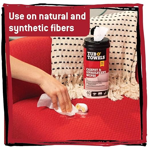 Tub O' Towels Carpet, Rug, and Upholstery Cleaning Wipes - Extra Strength Stain Remover, Odor-Fighting Power, Safe on Natural & Synthetic Fibers, 40-7” x 8” Wipes Per Tub, 2-Pack, Light Citrus Scent
