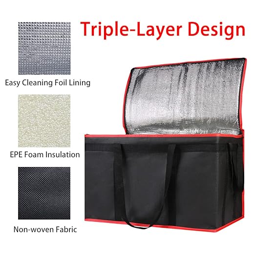 Insulated Food Delivery Bag with Hard Bottom - Extra Stable and Durable Catering Bag, 3XL Thermal Cooler Tote for Hot and Cold Food Transport - Ideal for High-Volume and Restaurant Deliveries