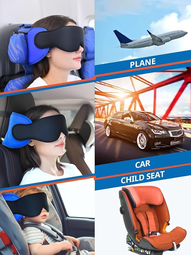 Travel Pillows for Airplanes, Airplane Pillow with 3D Eye Mask for Sleeping, 360° Support Head Strap for Long Flights, Car, Road Trip Car Headrest, Travel Essentials Stop Bobblehead, Purple