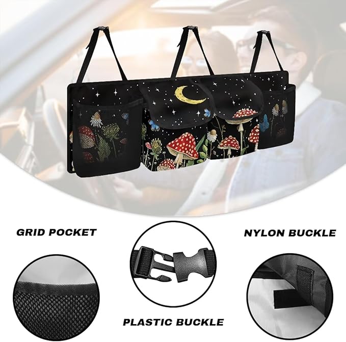 Mushroom Car Trunk Organizer Back Seat Hanging Black, Washable Trunk Oxford Cloth Bag with 4 Pockets, Space Saving Expert, Easy to Clean & Install In All Vehicles
