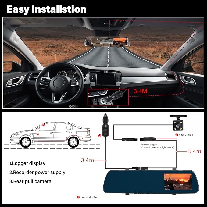 UNITOPSCI Mirror Dash Cam 4 Inch Rear View Mirror Camera 1080P Front and Rear View Dual Cameras with 32G Card, Motion Detection, Night Vision, Parking Assistance, Loop Recording, 24H Parking Monitor