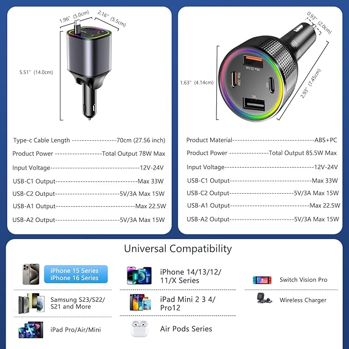 2 Car Charger USB C, AGEMANY 78W Retractable Car Charger with Cable 4in1 & 4 Ports Cigarette Lighter Adapter 85.5w Fast Charging Car Phone Charger for iPhone Android, 12v/24v Car Accessories Gift