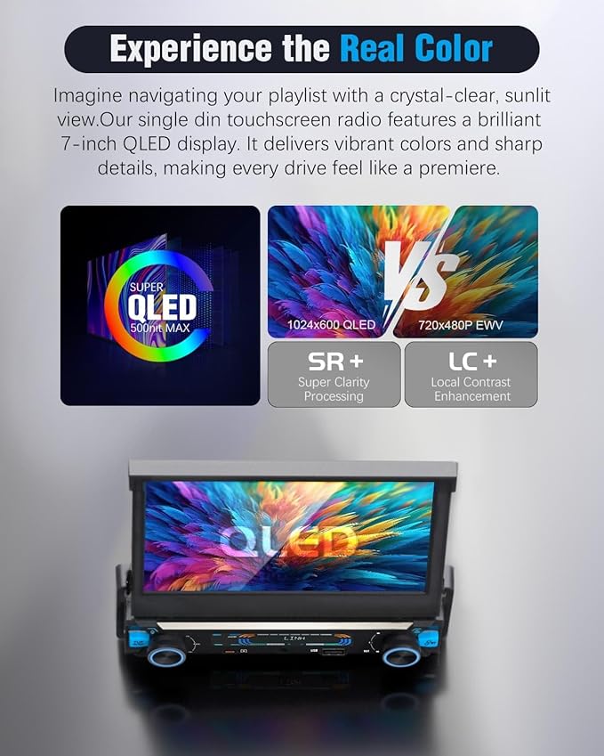 【SOOEMAKA】 Single Din Touchscreen Radio with Wireless Carplay&Android Auto,7 inch QLED Motorized Flip Out Car Stereo Upgrade PD/QC 3.0 Type-C Fast Charging/Dual WiFi/Bluetooth 5.1/AM/FM/DSP (Flip)