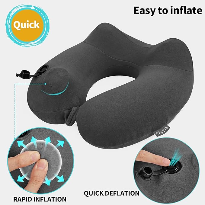 Inflatable Travel Neck Pillow for Airplane, Head Support Velvet Adult Neck Pillow for Long Flight, Kit with Eye Mask, Earplugs and Storage Bag,1, Dark Gray