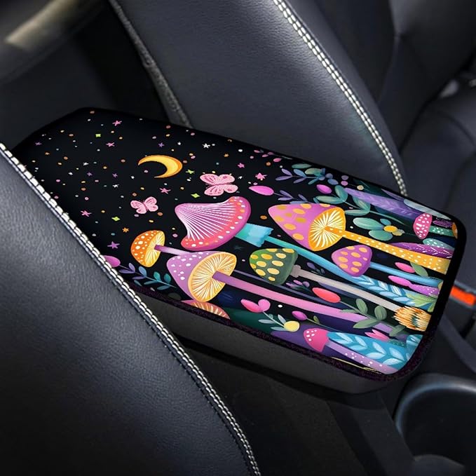 UNICEU Mushroom Moon Print Auto Interior Decor Armrest Cushion Cover Neoprene Car Center Console Armrest Protector Pad Universal Fit Trucks SUV Van